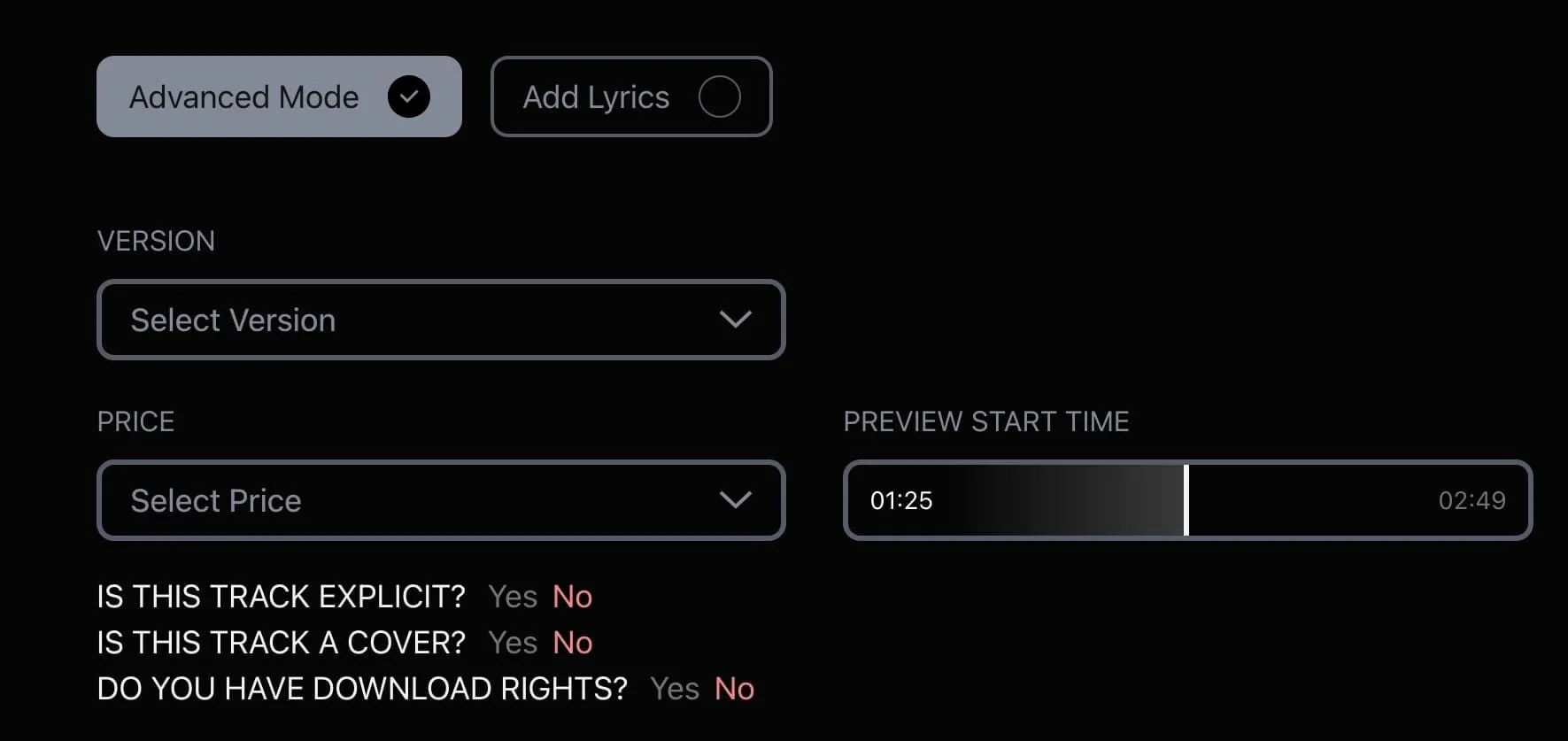 Advanced mode options in the Tracks tab