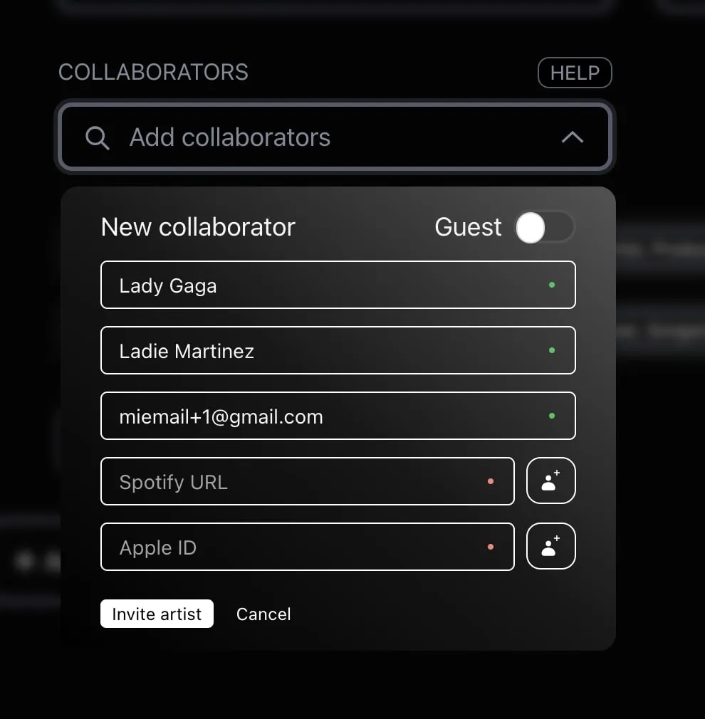 Collaborators form in the distribution dashboard